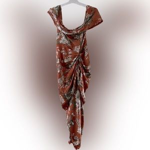 Wedding guest dress - Rust floral print Satin draped Bardot midi dress